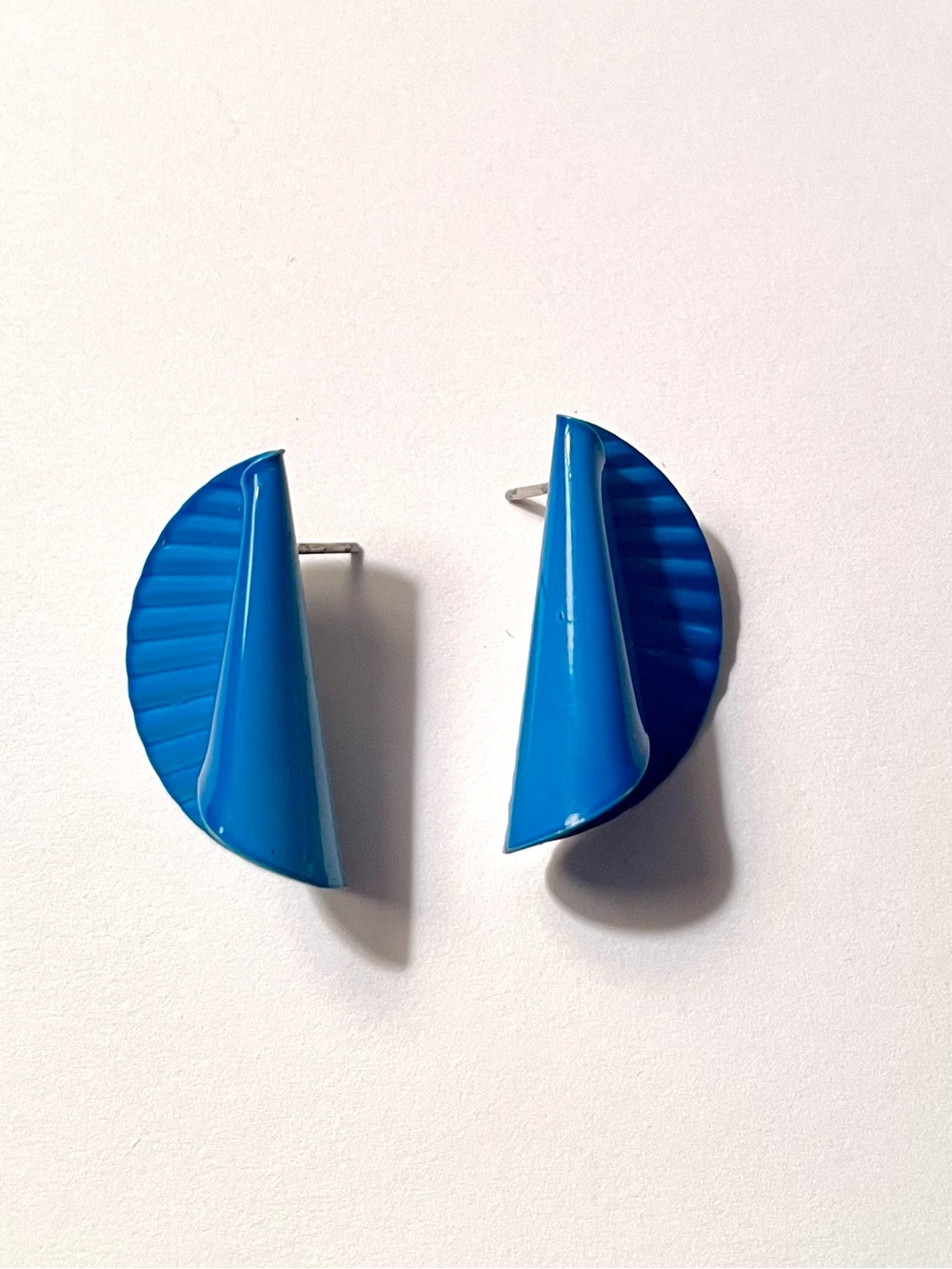 Vintage Blue Geometric Folded Half-Moon Stud Earrings